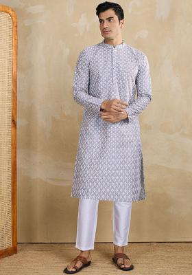 Grey Embroidered Cotton Kurta Set For Men