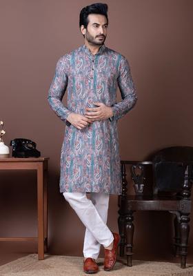 Purple Printed Silk Kurta Set For Men