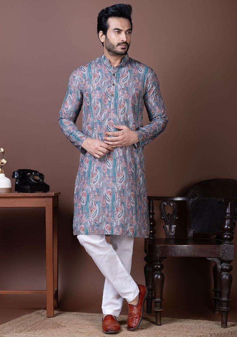 Purple Printed Silk Kurta Set For Men - Indya