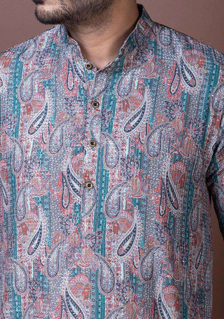 Purple Printed Silk Kurta Set For Men - Indya