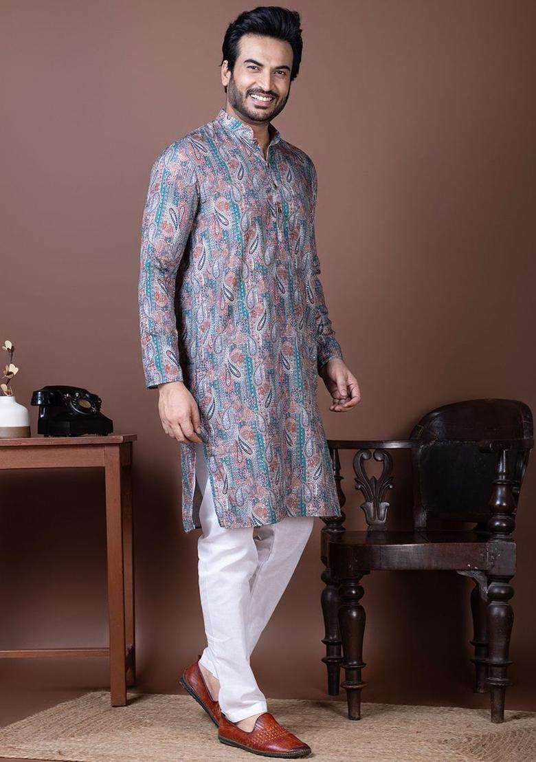 Purple Printed Silk Kurta Set For Men - Indya
