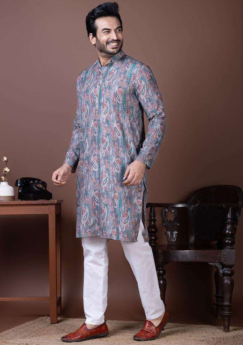 Purple Printed Silk Kurta Set For Men - Indya
