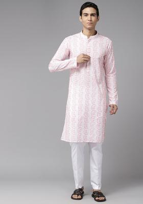 White Embroidered Cotton Kurta Set For Men