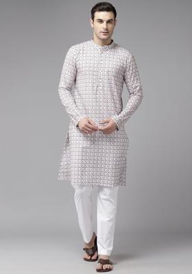 Off White Embroidered Cotton Kurta Set For Men