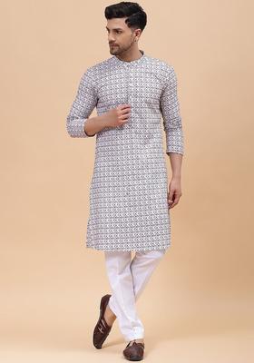 Off White Embroidered Cotton Kurta Set For Men
