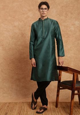 Green Self Design Silk Kurta Set For Men