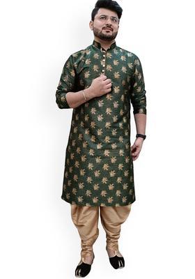 Green Woven Design Silk Kurta Set For Men
