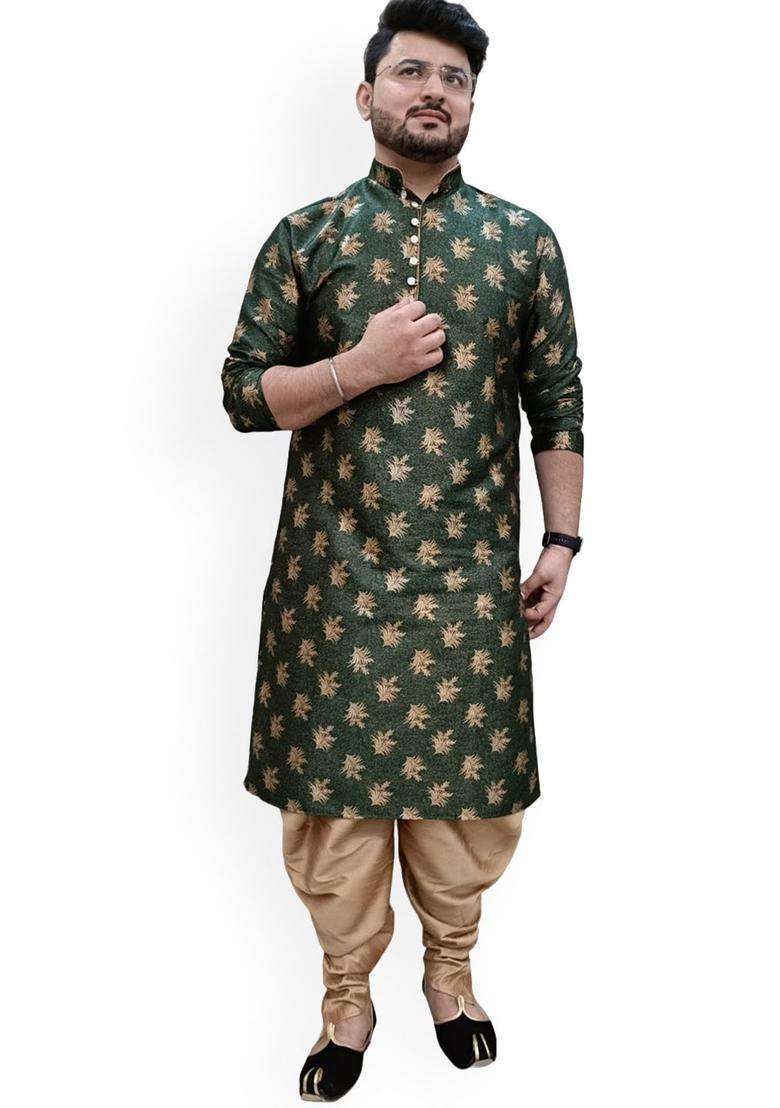 Green Woven Design Silk Blend Kurta Set For Men - Indya