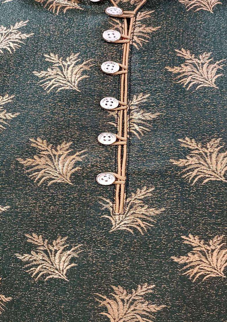 Green Woven Design Silk Blend Kurta Set For Men - Indya