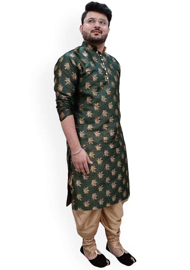 Green Woven Design Silk Blend Kurta Set For Men - Indya