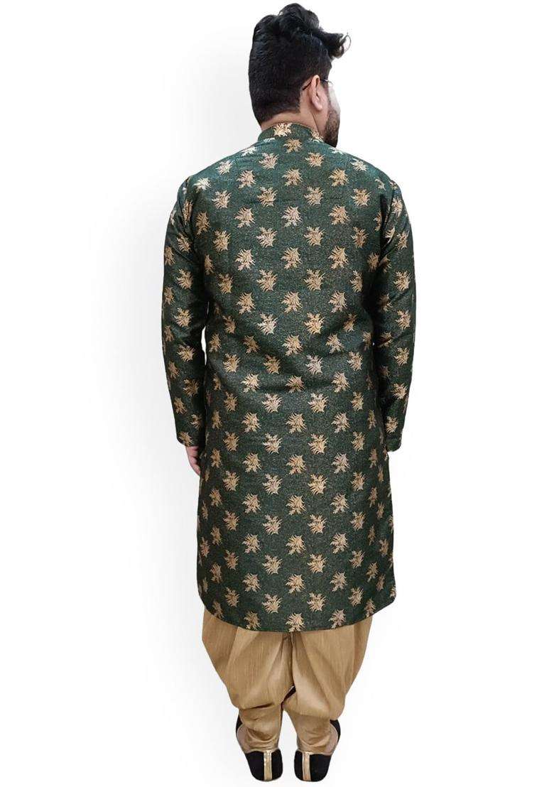 Green Woven Design Silk Blend Kurta Set For Men - Indya