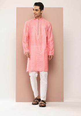 Pink Embroidered Silk Kurta Set For Men