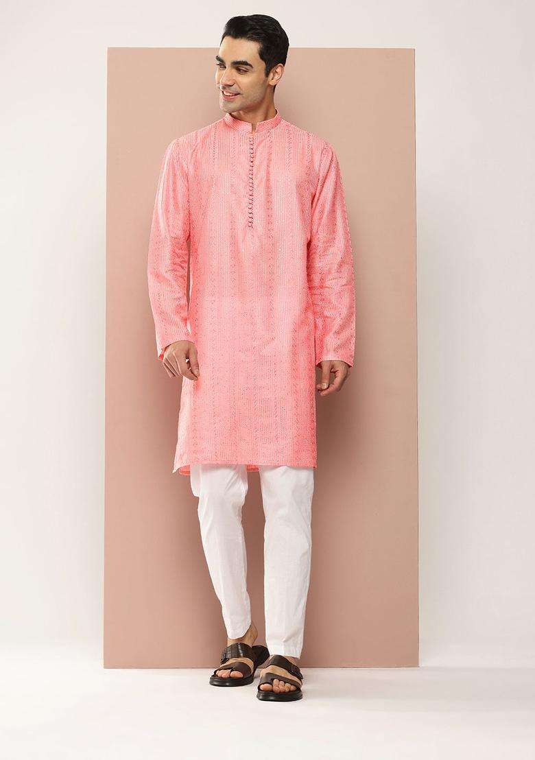 Pink Embroidered Silk Blend Kurta Set For Men - Indya