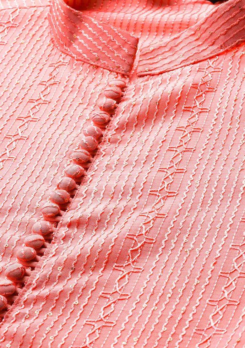 Pink Embroidered Silk Blend Kurta Set For Men - Indya