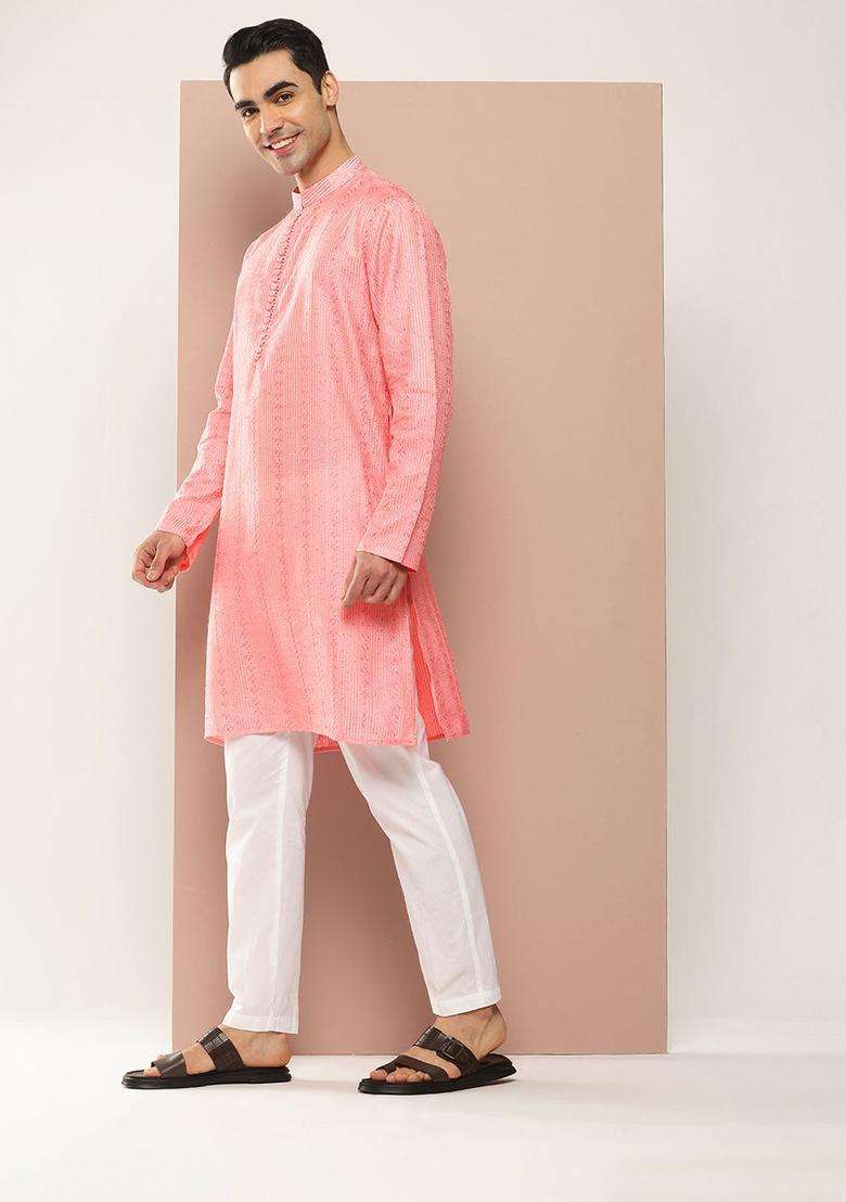 Pink Embroidered Silk Blend Kurta Set For Men - Indya