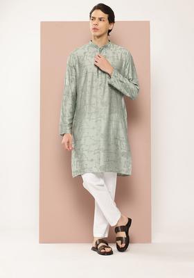 Sea Green Embroidered Viscose Kurta Set For Men