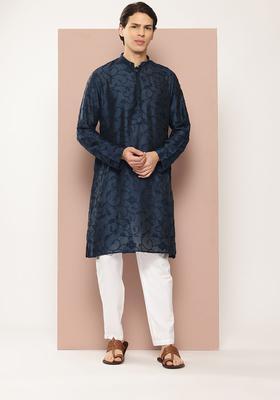 Navy Blue Embroidered Viscose Kurta Set For Men