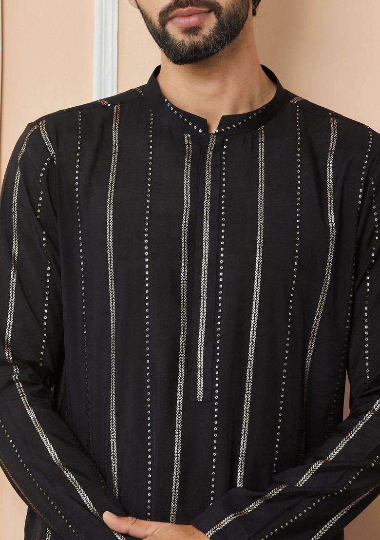 Black Striped Cotton Kurta Set For Men - Indya