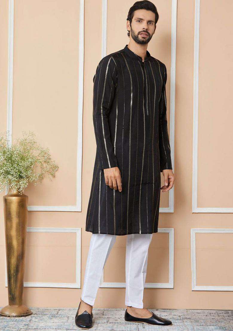 Black Striped Cotton Kurta Set For Men - Indya
