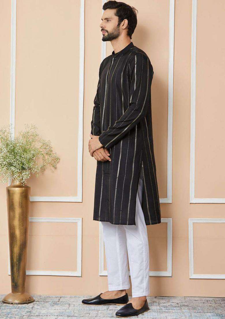 Black Striped Cotton Kurta Set For Men - Indya