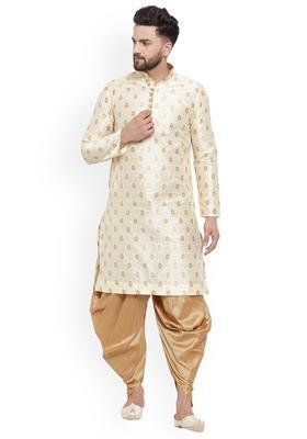 Beige Woven Design Silk Blend Kurta Set For Men