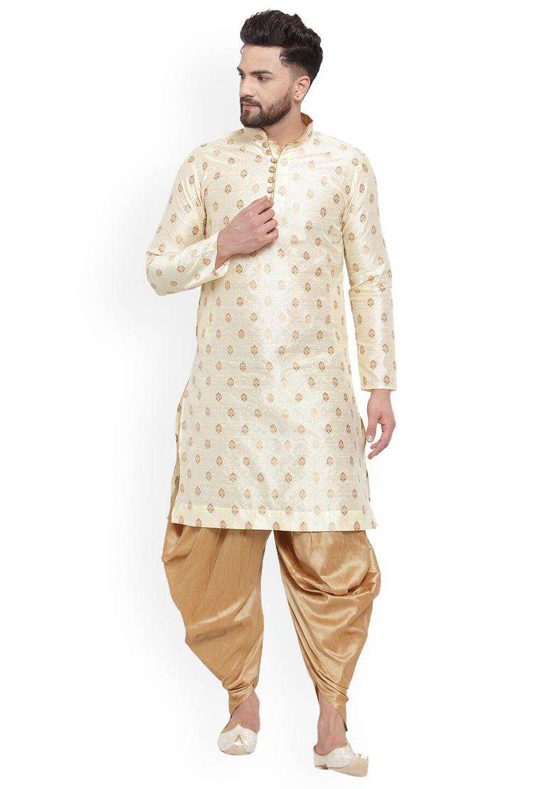Beige Woven Design Silk Blend Kurta Set For Men - Indya