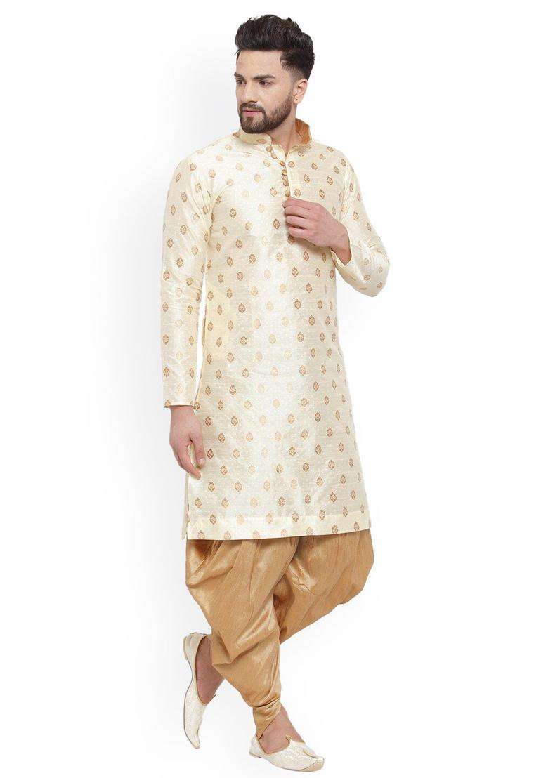 Beige Woven Design Silk Blend Kurta Set For Men - Indya