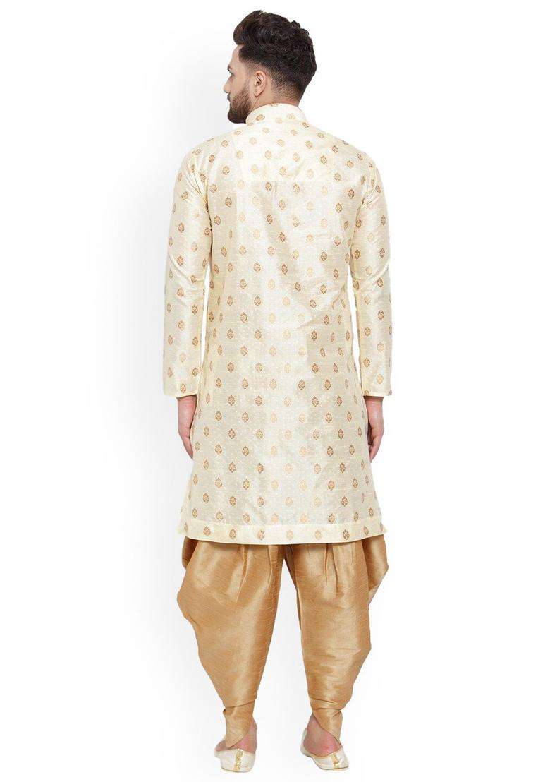 Beige Woven Design Silk Blend Kurta Set For Men - Indya
