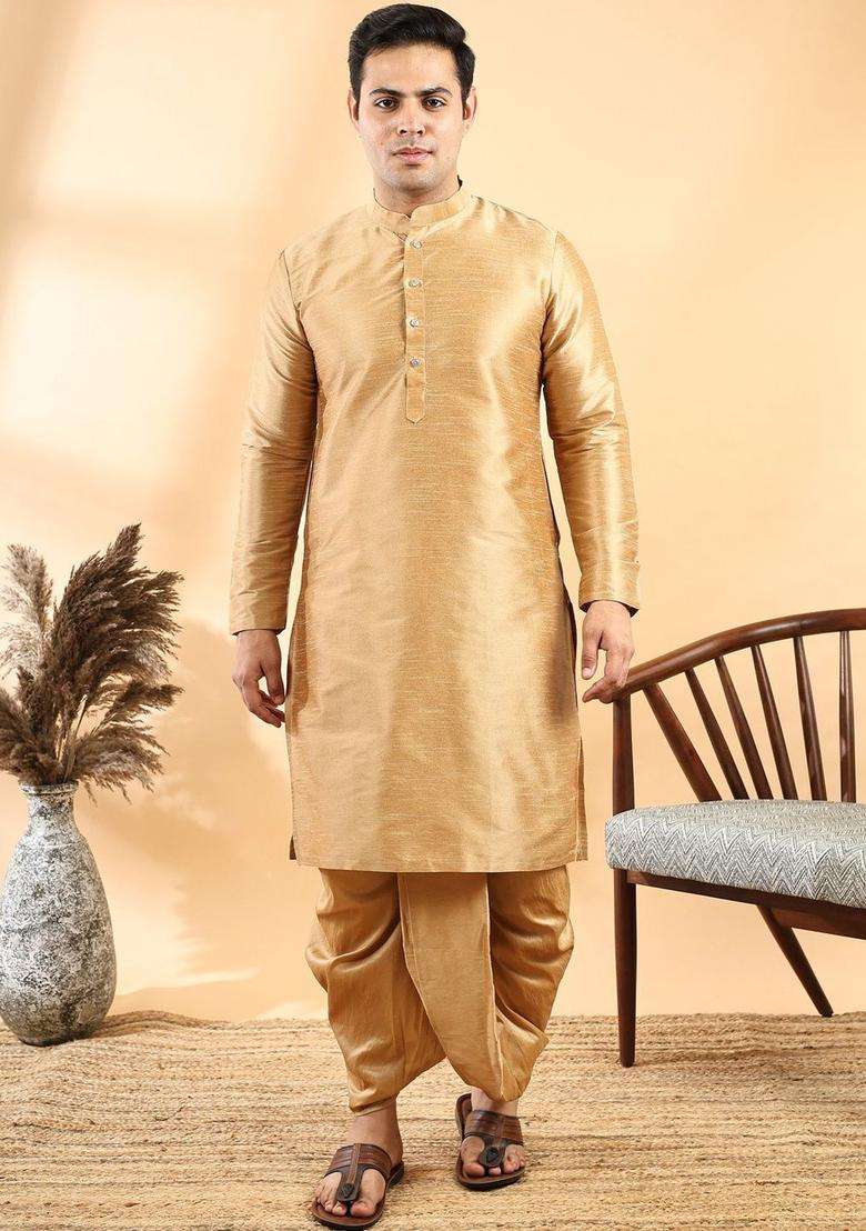 Gold Solid Silk Blend Kurta Set For Men - Indya