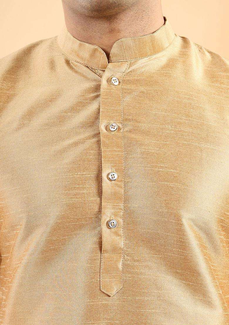 Gold Solid Silk Blend Kurta Set For Men - Indya