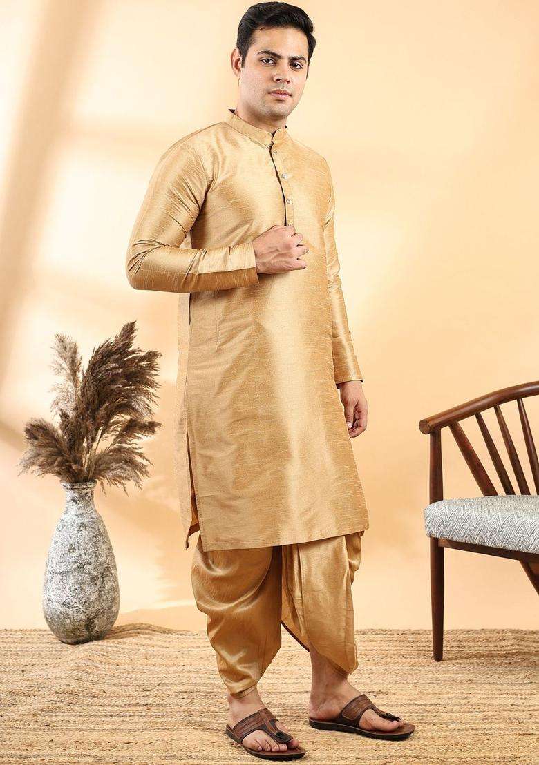 Gold Solid Silk Blend Kurta Set For Men - Indya