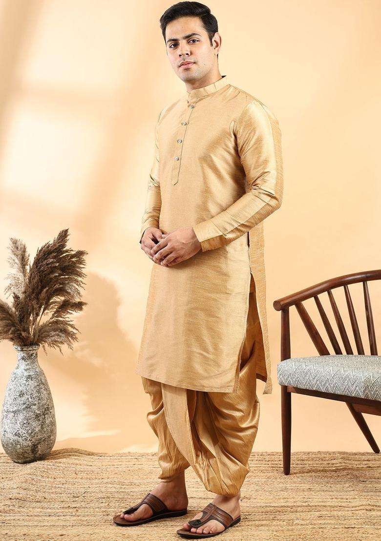 Gold Solid Silk Blend Kurta Set For Men - Indya