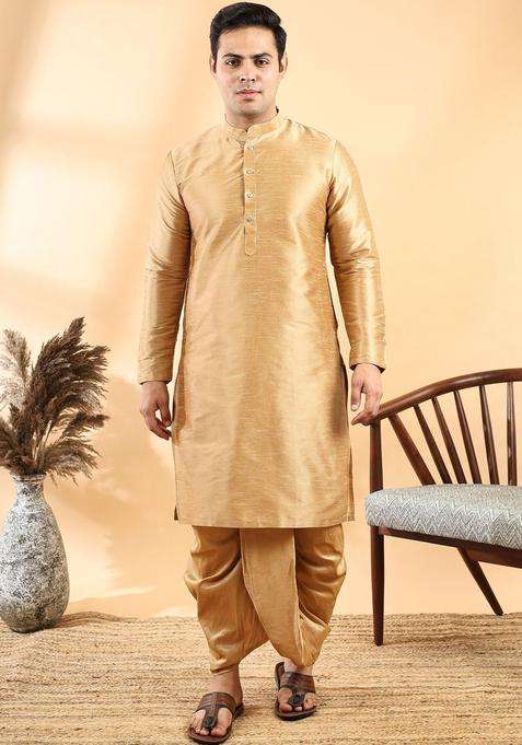 Gold Solid Silk Blend Kurta Set For Men