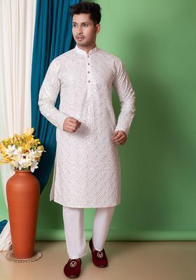White Embroidered Cotton Kurta Set For Men