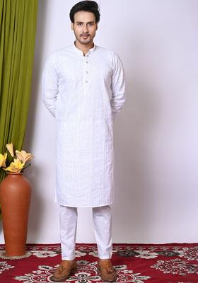 White Embroidered Cotton Kurta Set For Men