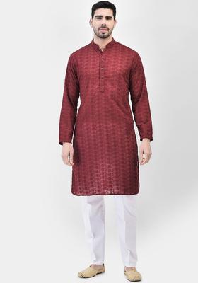 Maroon Embroidered Cotton Kurta Set For Men