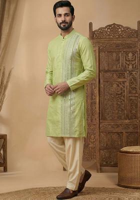 Lime Green Embroidered Silk Kurta Set For Men