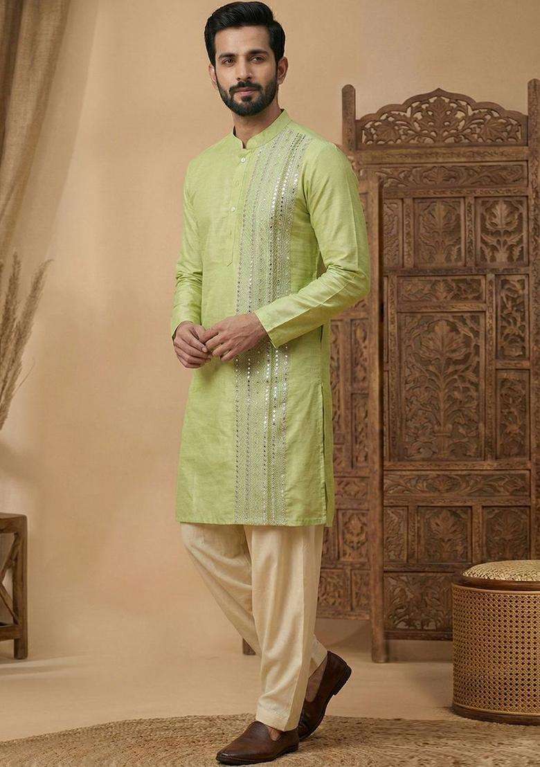 Lime Green Embroidered Silk Kurta Set For Men - Indya