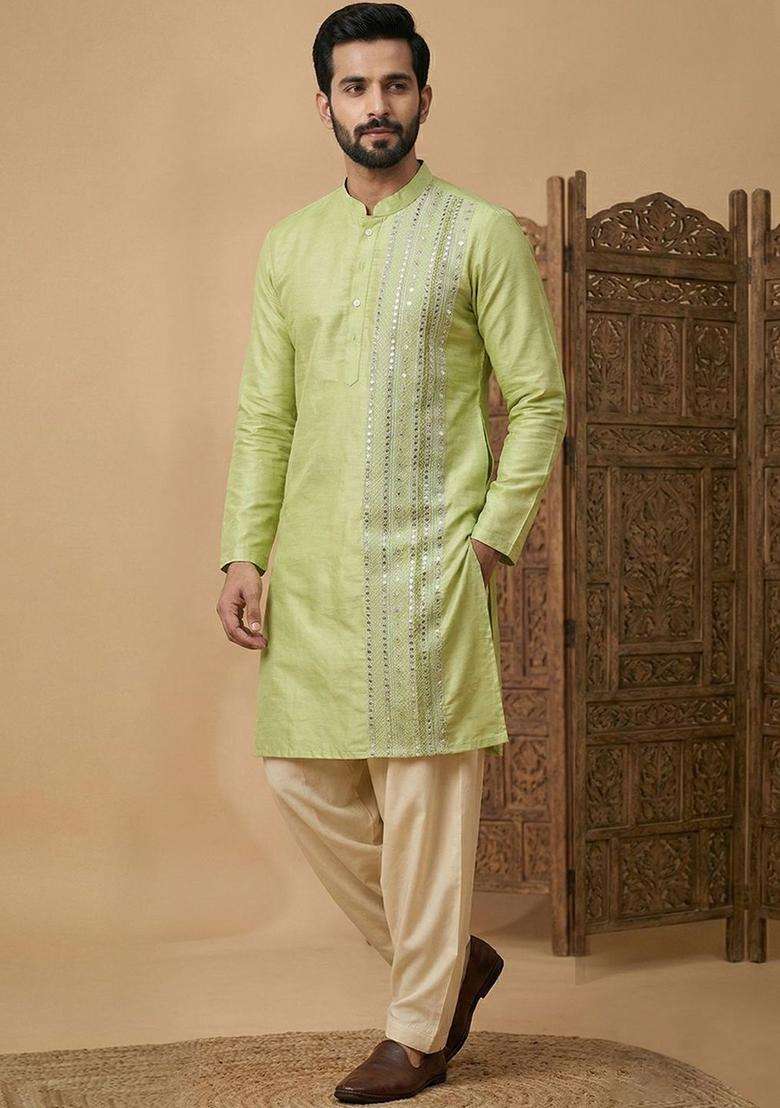 Lime Green Embroidered Silk Kurta Set For Men - Indya