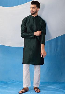 Green Embroidered Silk Kurta Set For Men