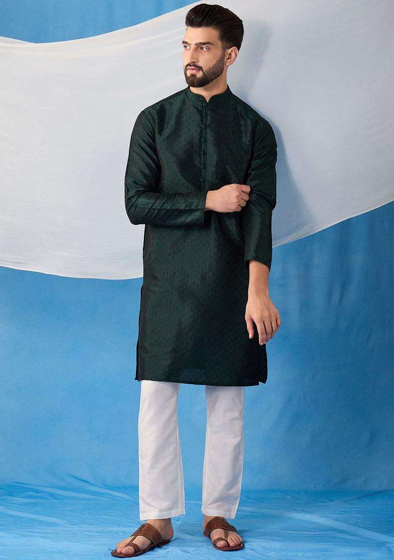 Green Embroidered Silk Kurta Set For Men - Indya