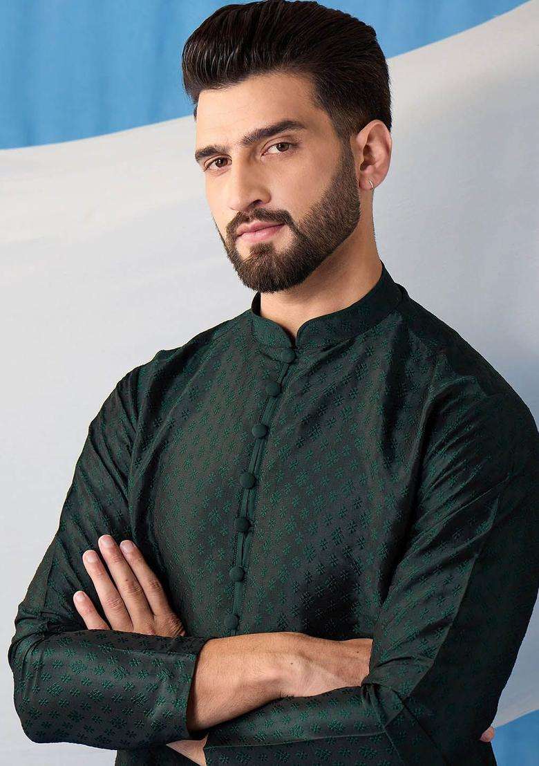 Green Embroidered Silk Kurta Set For Men - Indya