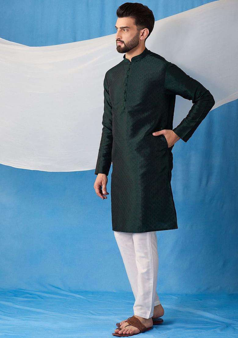 Green Embroidered Silk Kurta Set For Men - Indya