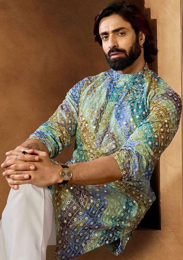 Multi Printed Viscose Kurta Set For Men - Indya