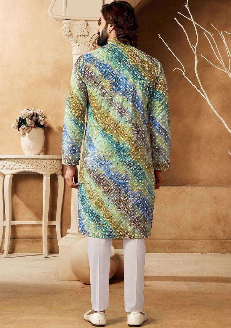 Multi Printed Viscose Kurta Set For Men - Indya