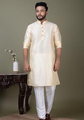 Beige Woven Design Silk Blend Kurta Set For Men