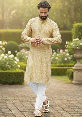 Beige Printed Silk Kurta Set For Men