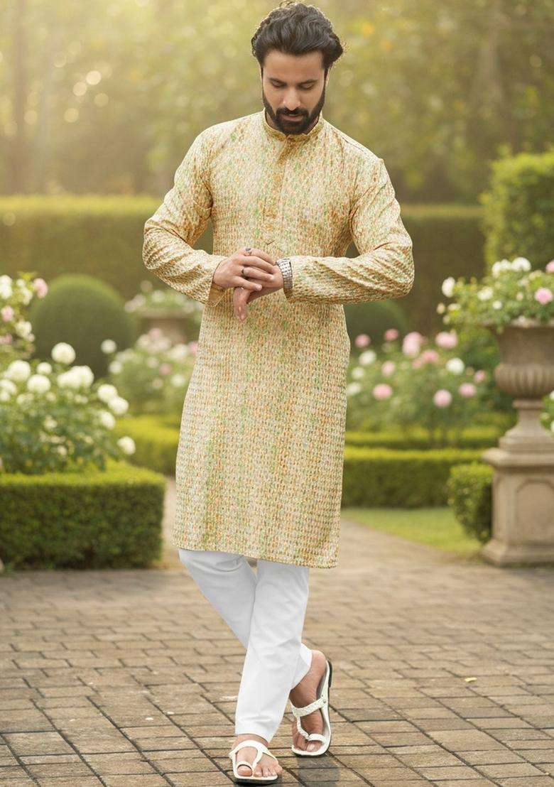 Beige Printed Silk Kurta Set For Men - Indya