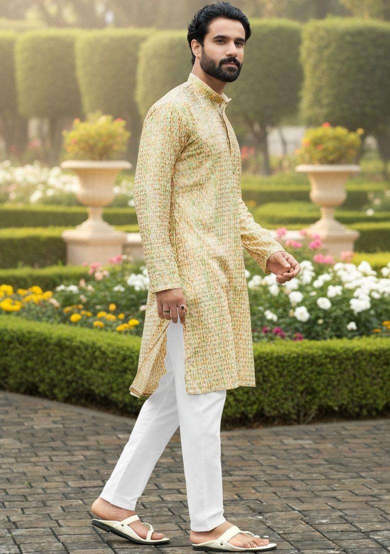 Beige Printed Silk Kurta Set For Men - Indya