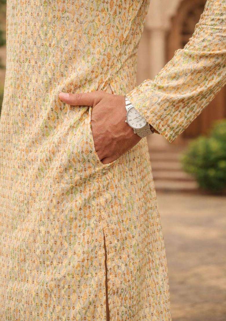 Beige Printed Silk Kurta Set For Men - Indya